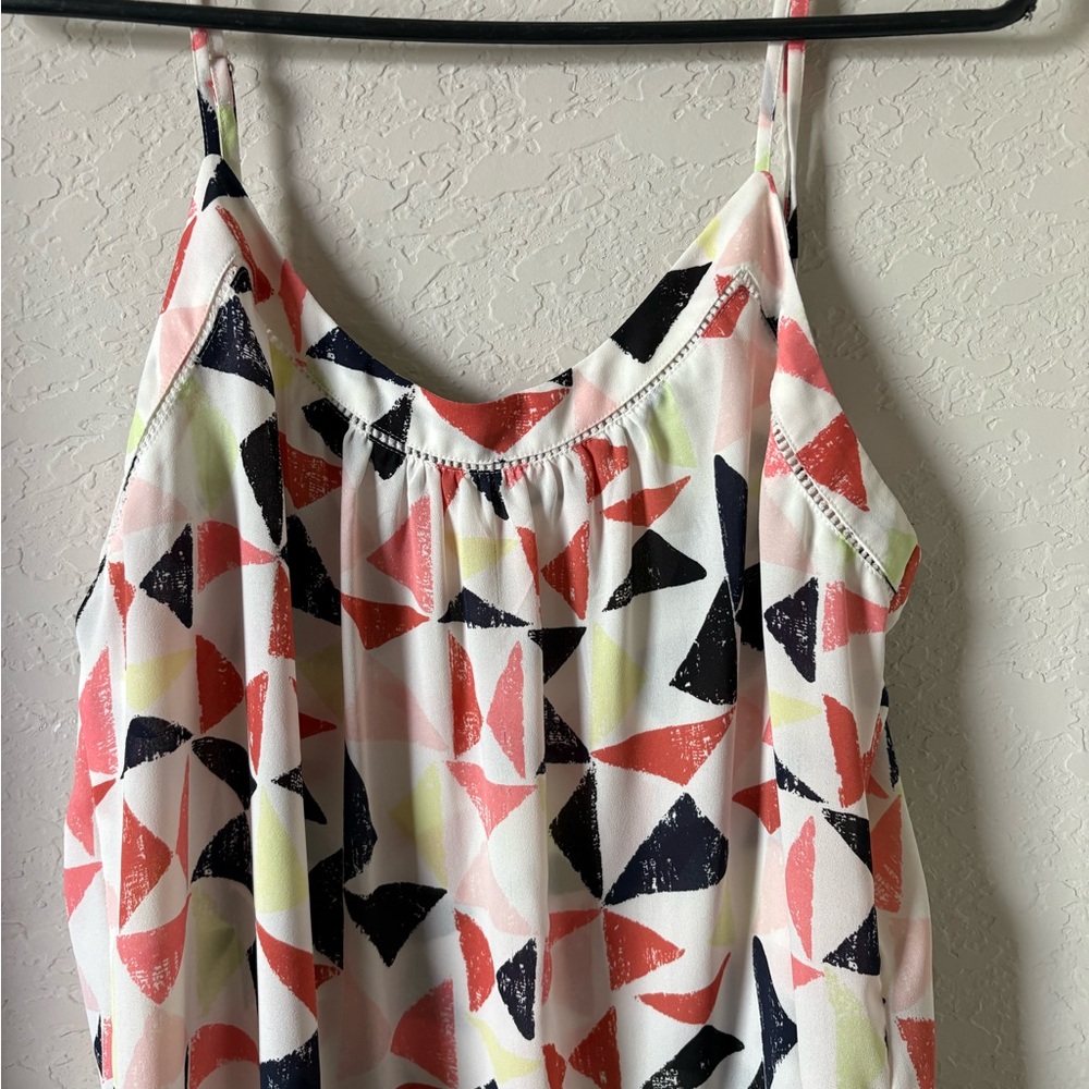 LOFT White Printed Spaghetti Strap Cami with Coral, Navy & Pale Yellow Shapes